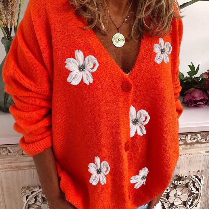 Women Fashion Embroidered Flower Knitted V Neck Button Cardigans