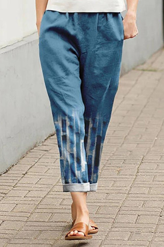 Fashion Linen Cotton Print Pocket Elastic Casual Pants