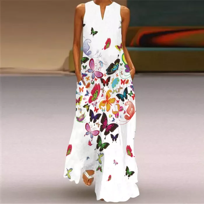 Fashion Casual Loose Elegant V Neck Pocket Print Boho  Maxi Dress