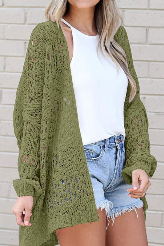 Women Solid Crochet Deep V-Neck Long Sleeve Knitted Cardigans