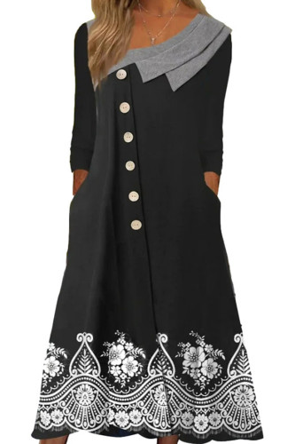 Fashion Print Single-Breasted Button Pocket Wavy Neck  Midi Dress