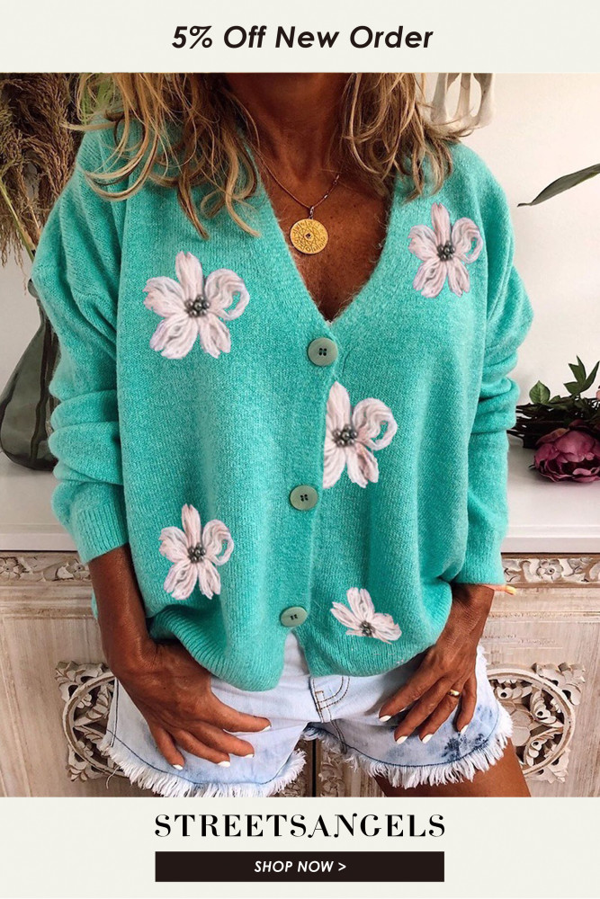 Women Fashion Embroidered Flower Knitted V Neck Button Cardigans