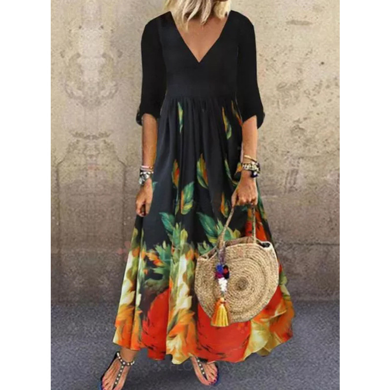 Printed Elegant V-Neck Half-Sleeve Loose A-Line Casual Maxi Dress