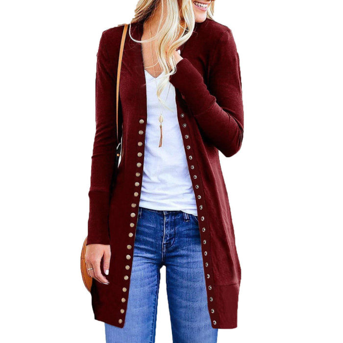 Fashion Long Sleeve Button Casual Loose Solid Color Cardigan