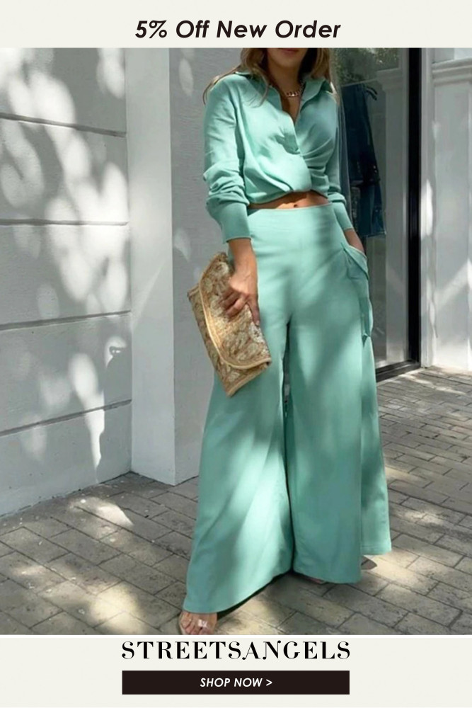 Fashion Solid Long Sleeve V Neck Shirt and High Waist Wide Leg Pants Two Pieces