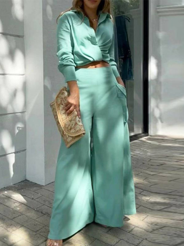 Fashion Solid Long Sleeve V Neck Shirt and High Waist Wide Leg Pants Two Pieces