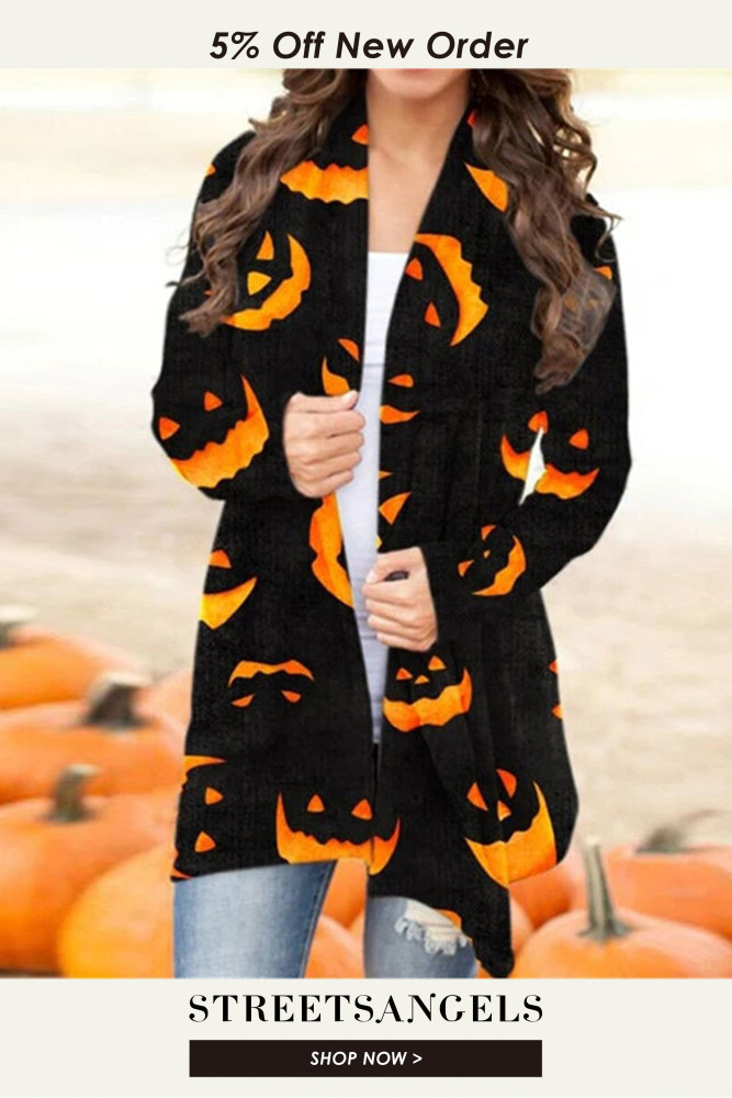 Halloween Skull Pumpkin Print Long Sleeve Casual Cardigan