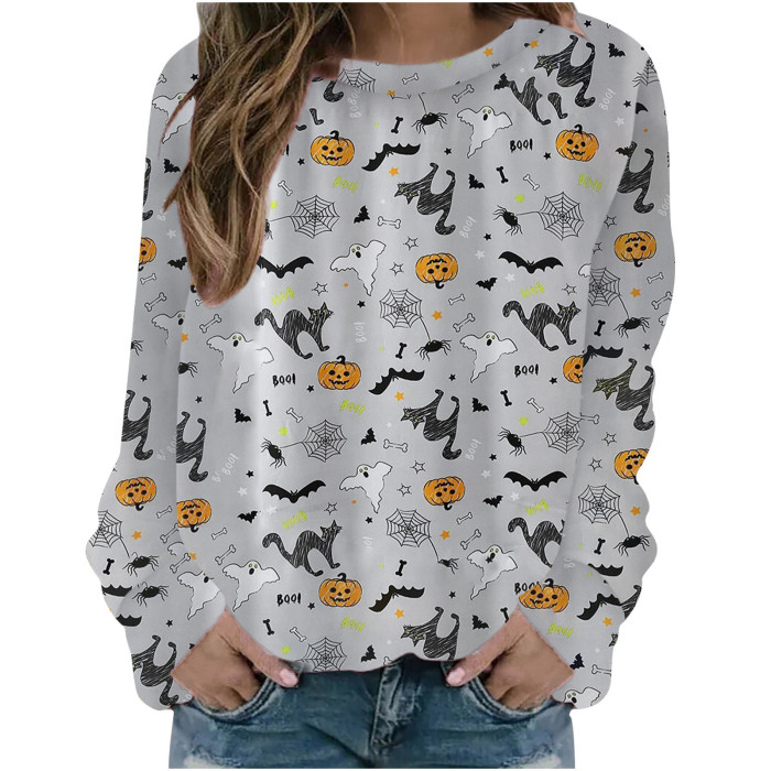 Halloween Digital Print Crew Neck Casual V-Neck Tunic Loose T-Shirt