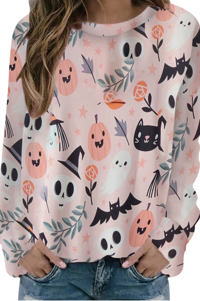 Halloween Digital Print Crew Neck Casual V-Neck Tunic Loose T-Shirt