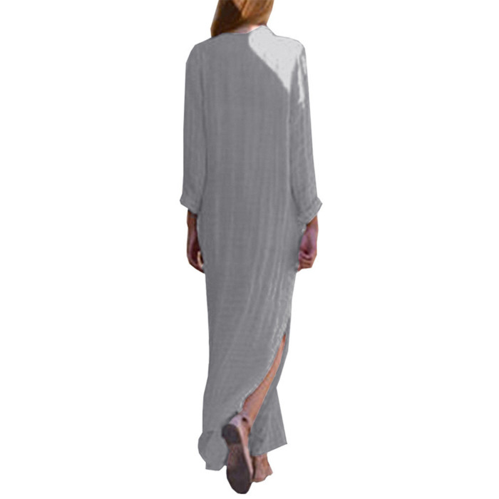 Fashion Cotton Linen Print Long Sleeve Elegant V Neck Slit Loose  Maxi Dress