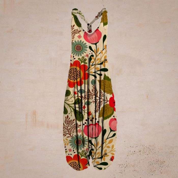 Boho Casual Floral Print Loose Sleeveless Lace-Up Jumpsuit