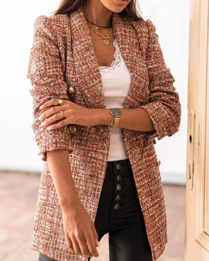Women Plaid Print Suit Slim Double Breasted Blazers