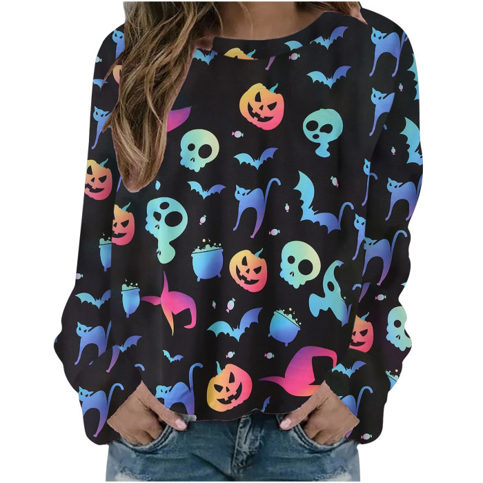 Halloween Digital Print Crew Neck Casual V-Neck Tunic Loose T-Shirt