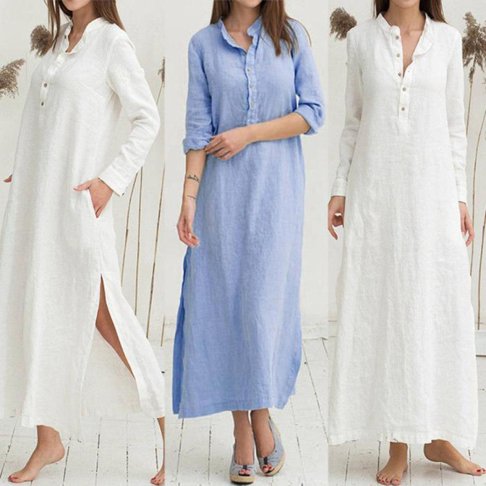 Casual Loose Solid Color Cotton Linen Stand Collar Shirt  Maxi Dress