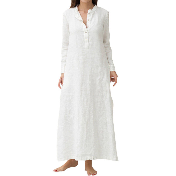 Casual Loose Solid Color Cotton Linen Stand Collar Shirt  Maxi Dress