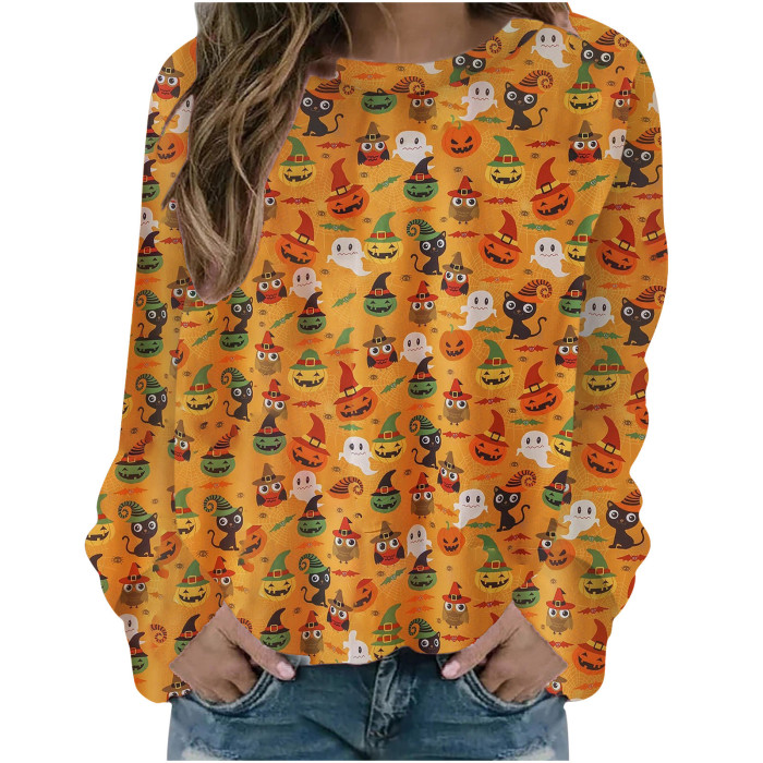 Halloween Digital Print Crew Neck Casual V-Neck Tunic Loose T-Shirt