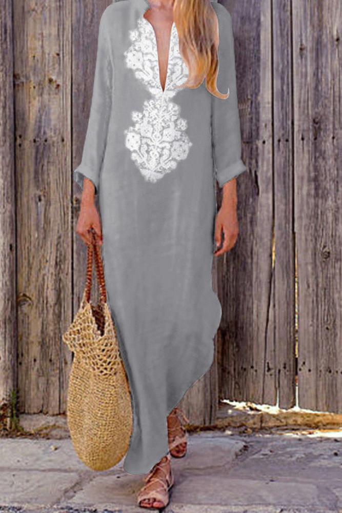 Fashion Cotton Linen Print Long Sleeve Elegant V Neck Slit Loose  Maxi Dress