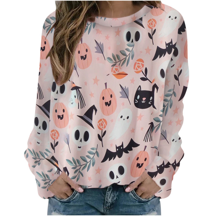 Halloween Digital Print Crew Neck Casual V-Neck Tunic Loose T-Shirt