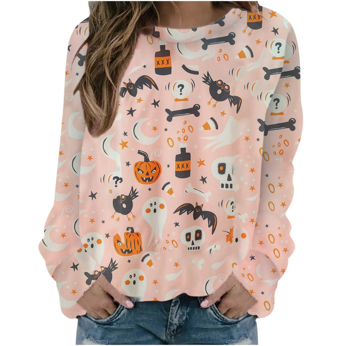 Halloween Digital Print Crew Neck Casual V-Neck Tunic Loose T-Shirt