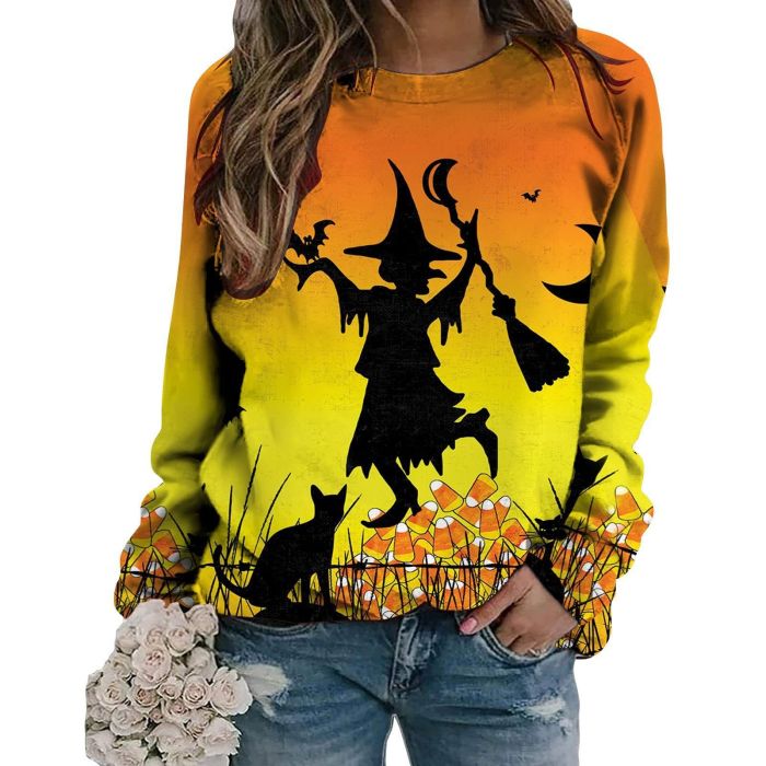 Halloween Women's Casual Long Sleeve Crew Neck Skull Print Sweatshirt