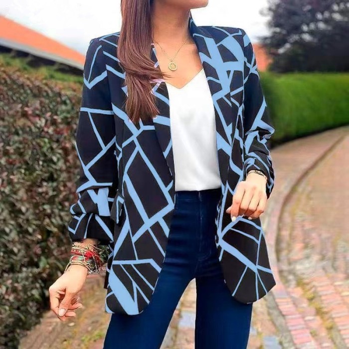 Fashion Versatile Printed Suit Collar Buttonless Blazers