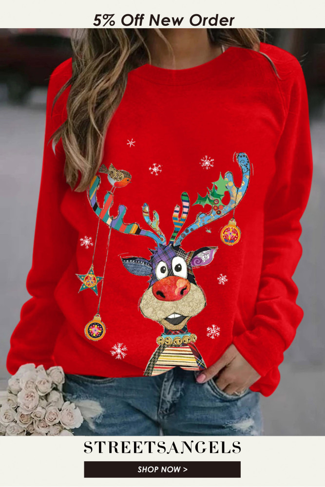Christmas Casual Cartoon Print Long Sleeve Round Neck Fashion Sweatshirt