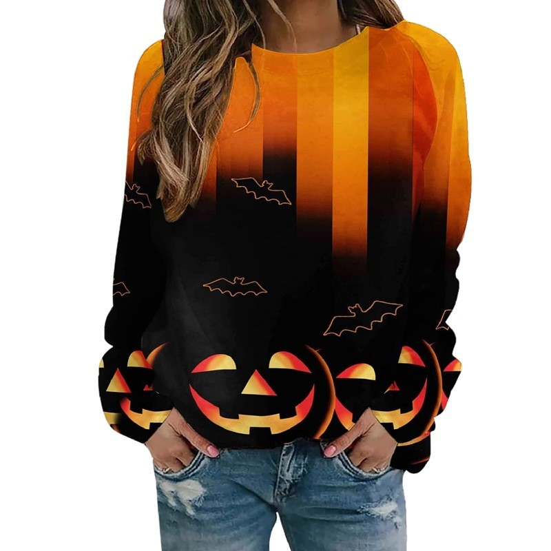 Halloween Print Women's Casual Round Neck Top Sweatshirt