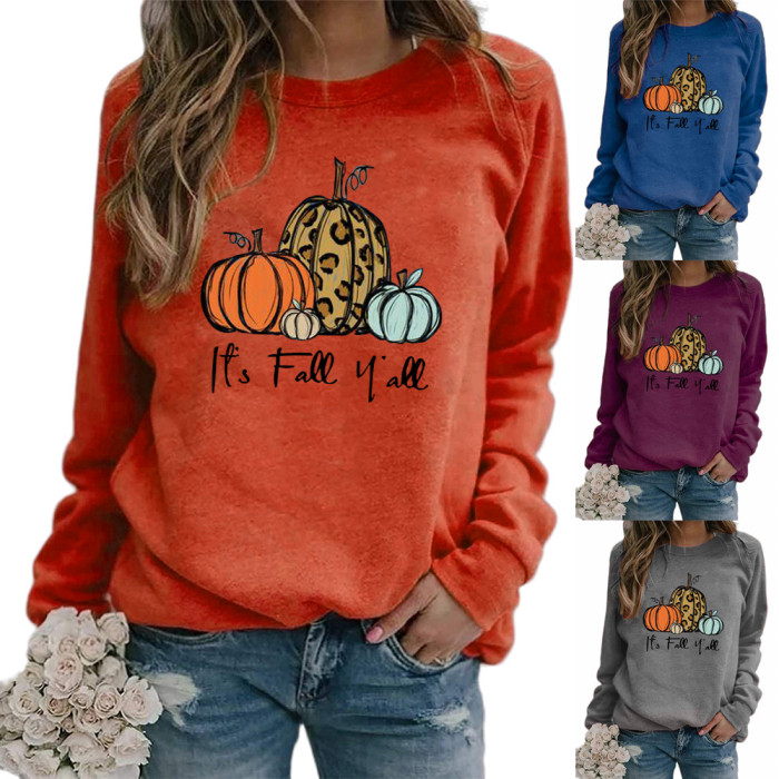 Halloween Pumpkin Print Loose Casual Long Sleeve Crewneck Sweatshirt