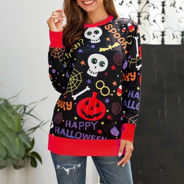 Fashion Women Halloween Print Pumpkin Skull Long Sleeve Hoodies