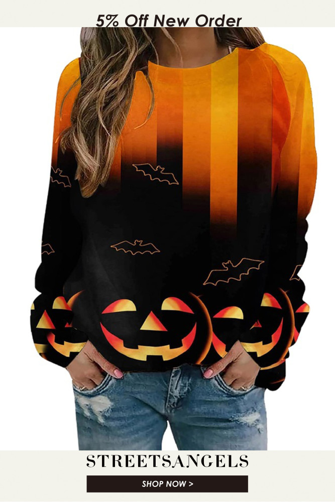 Halloween Print Women's Casual Round Neck Top Sweatshirt