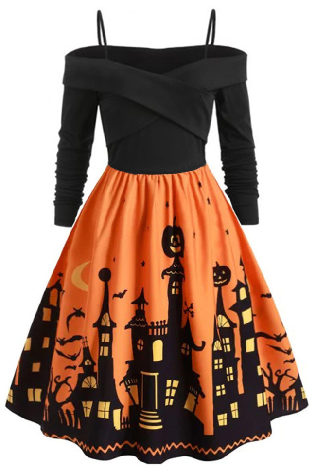 Party Fashion Print Halloween Long Sleeve V Neck Casual Sexy  Vintage Dress