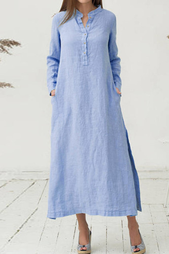 Casual Loose Solid Color Cotton Linen Stand Collar Shirt  Maxi Dress