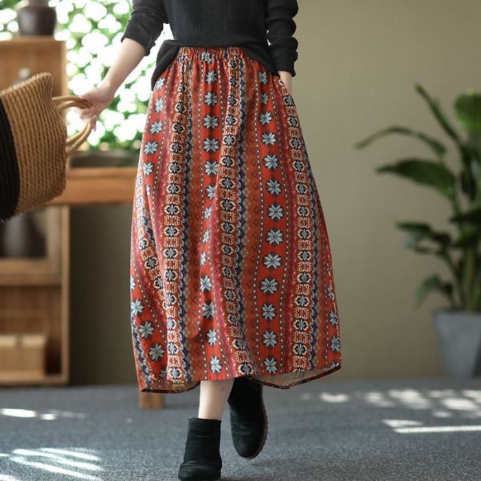 Vintage Ethnic High Waist Elegant Loose A-Line Skirt