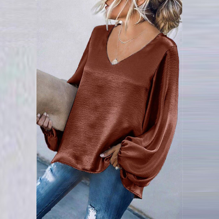 Fashion V-Neck Solid Color Elegant Long Sleeve Blouses