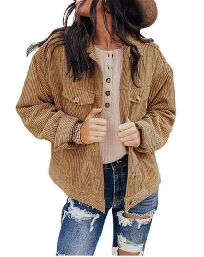 Women's Solid Color Loose Corduroy Stylish Pockets Lapel Casual Jackets