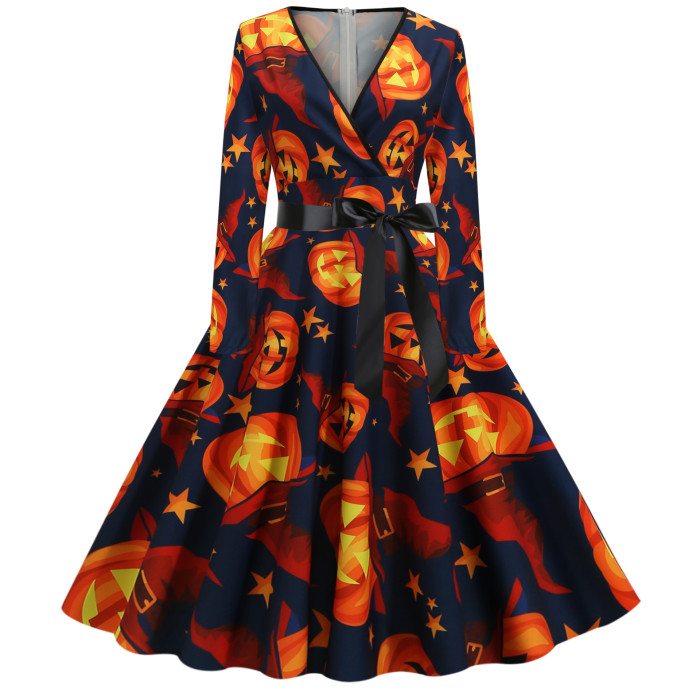 Halloween Party Print Pleated V-Neck Long Sleeves Vintage Dress