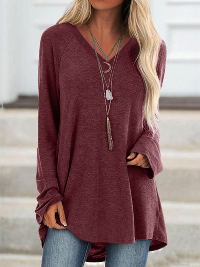 Loose Long Sleeve V Neck Casual Corset Solid Color Fashion T-Shirts