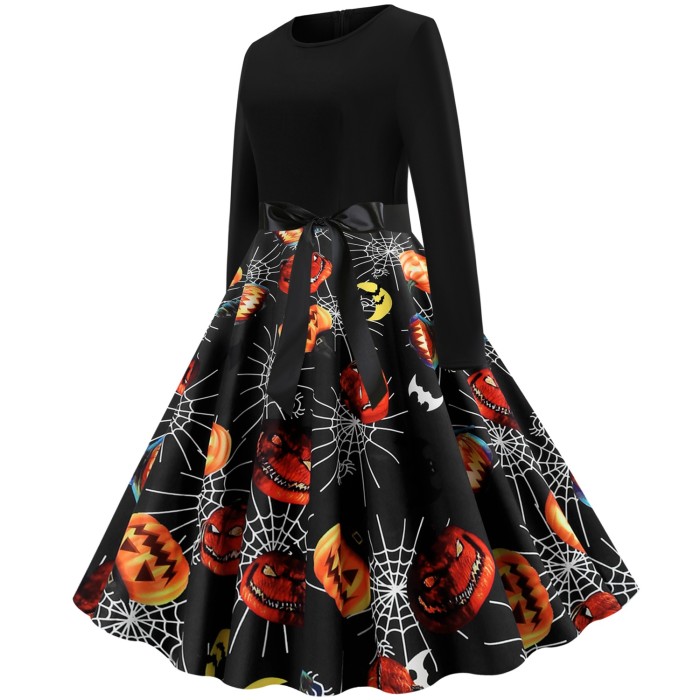 Halloween Fashion Round Neck Long Sleeve Contrast Print Vintage Dress