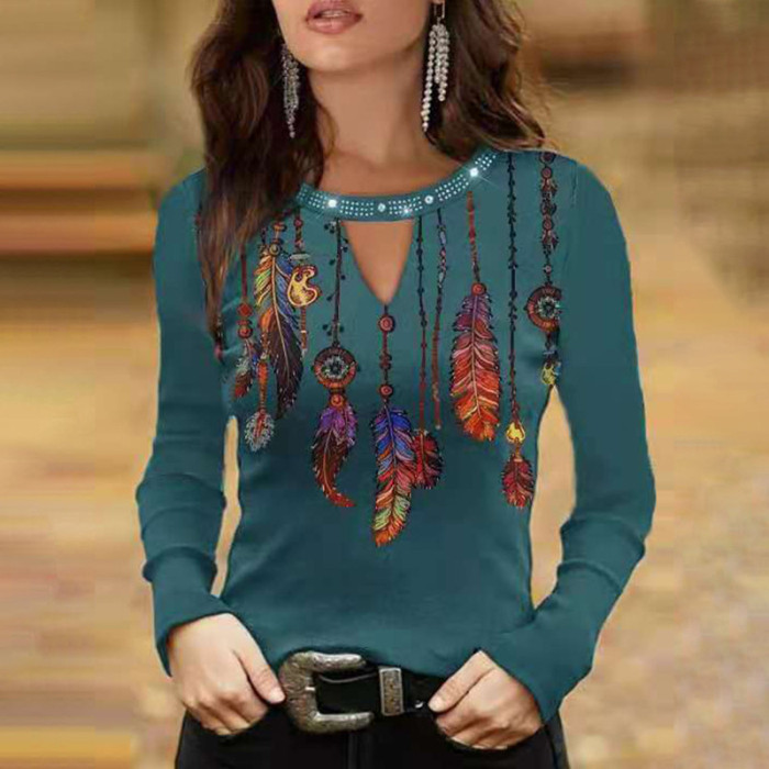 Fashion Women's Long Sleeve Hollow Round Neck Loose Blouses