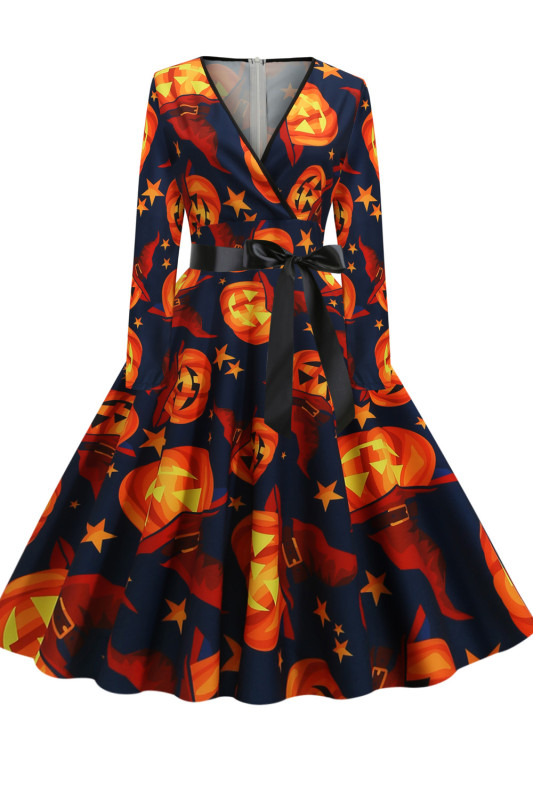 Halloween Party Print Pleated V-Neck Long Sleeves Vintage Dress