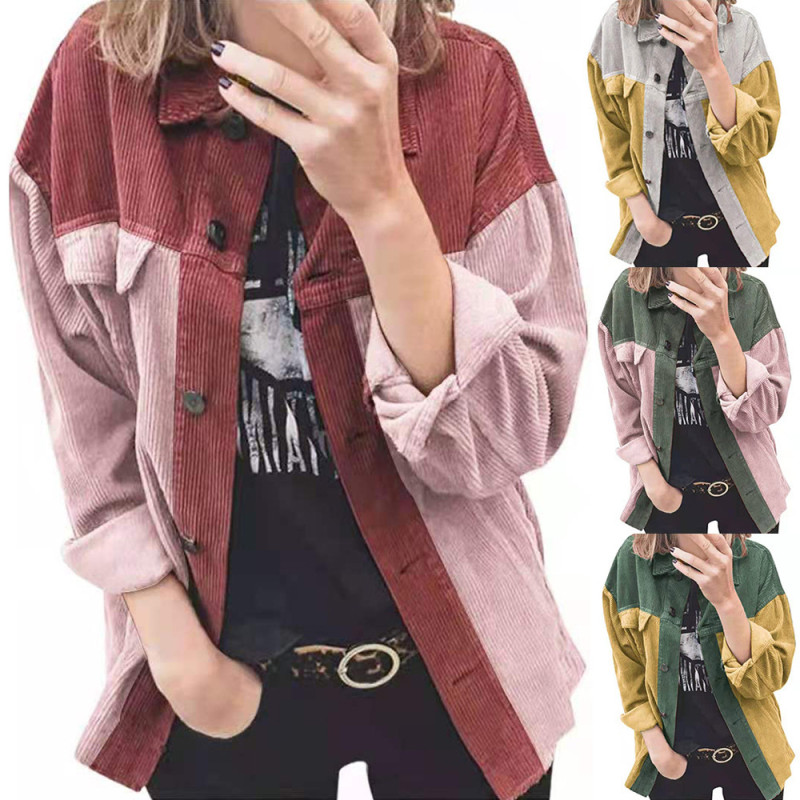 Ladies Corduroy Buttoned Patchwork Long Sleeve Loose Single Breasted Lapel Jackets