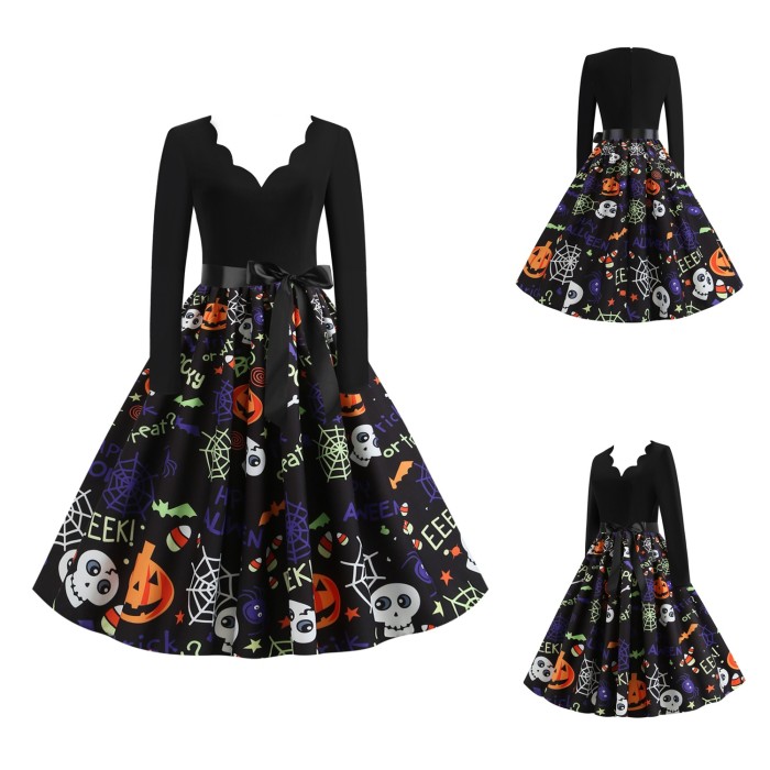 Halloween Burnt V-Neck Long Sleeve Patchwork Print Vintage Dress