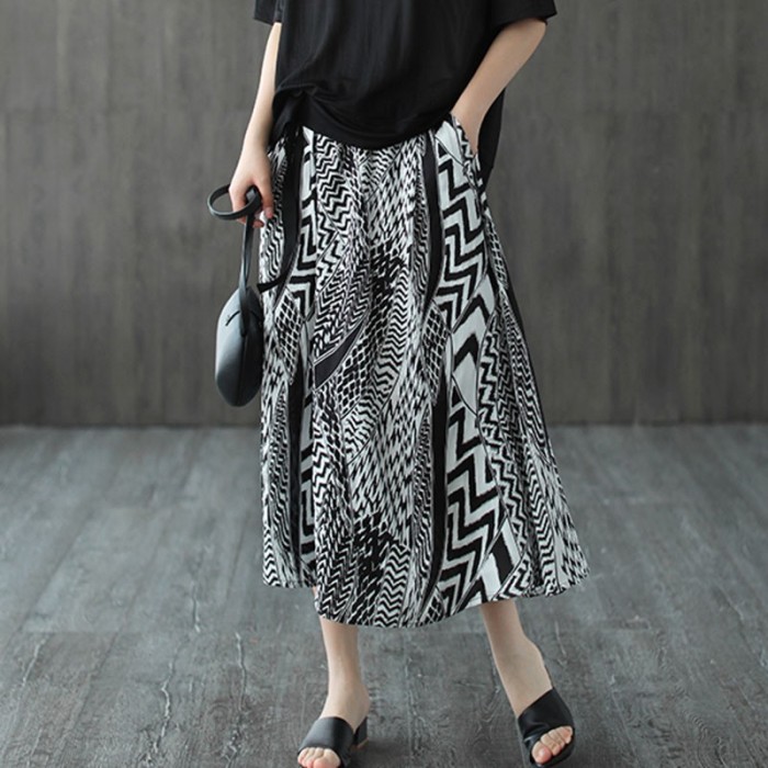 Women's A-Line Vintage Print High Waist Loose Casual Skirt