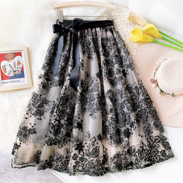 Fashion Embroidered Floral Mesh High Waist A Line Tulle Chic Casual Skirt