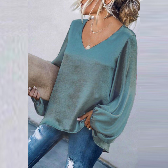Fashion V-Neck Solid Color Elegant Long Sleeve Blouses