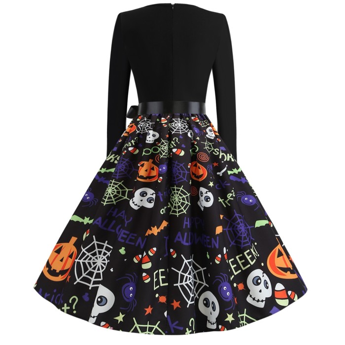Halloween Burnt V-Neck Long Sleeve Patchwork Print Vintage Dress