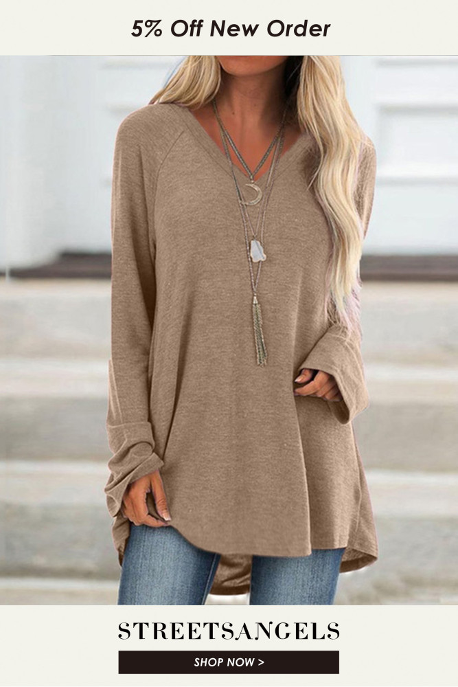 Loose Long Sleeve V Neck Casual Corset Solid Color Fashion T-Shirts