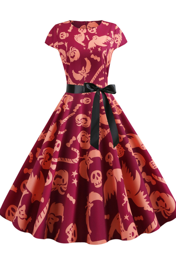 Women's Printed Halloween Party Round Neck Casual Elegant Vintage Dress