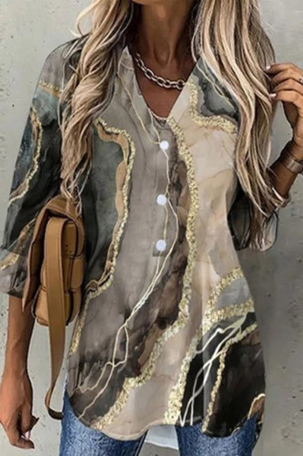 Fashion Sexy V-Neck Printed Single Breasted Casual Loose Blouses