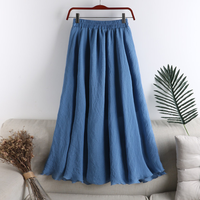 Solid Color Fashion Cotton Linen High Waist Casual A-Line Skirt